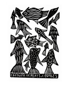 Xilogravura Cardume de Peixes Preto e Branco by J.Borges (48 cm x 33 cm)